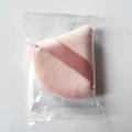 Pink triangular velvet makeup powder puff with satin ribbon in clear plastic packaging - Candy Bag Packaging / Nude