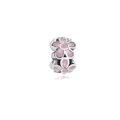 Silver bead with pink enamel peach blossom and sparkling crystal for charm bracelets - Style H8-02 / Pink Flower