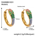Macro detail of U-shaped gold earrings showing zircon gems and precise dimensions - Gold/Rainbow Zircon-L