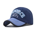 Close-up of navy and blue cotton baseball cap with FORCE embroidery and white stitching - Adjustable / Washed Blue