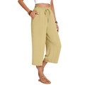 Women's linen high-waisted wide-leg cropped trousers in light khaki with drawstring waist - S / Khaki