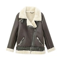 Brown faux leather reversible aviator jacket with white faux fur lining and buckle belt - XS / Dark Gray