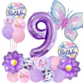Purple 9th birthday balloons set with butterfly, sunflowers and confetti latex decoration - 9th Birthday Butterfly Set