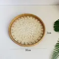 30cm round rattan woven tray with shell inlay bottom and 3cm high decorative border - Gold & White Leaves / Small 30*3cm