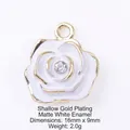 White rose flower charm in KC gold finish with enamel and crystal, 16mm x 9mm size - 13817-KC Gold Plated-Matte White Enamel Small Rose
