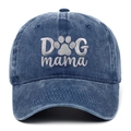 Détail de la broderie DOG mama et empreinte de patte sur casquette en coton délavé - Bleu marine / Taille unique