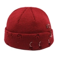 Close-up of red miki hat featuring silver metal rings, safety pin, and distressed knit detail - M(54-60cm) / Burgundy