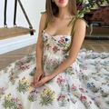 Bohemian off-white maxi dress featuring colorful floral embroidery and green velvet straps - S / 8657-White Floral Embroidery Camisole Dress