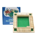 Four player wooden flip tile dice game with green felt surface and retail packaging - 4-Sided Natural Wood Shut The Box (Color Box)