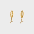 Detailed view of gold plated hoop earrings with Y letter pendant and pavé zircons - Letter Y