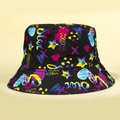 Bob à graffiti avec imprimés néon cœur étoile et broderie sur toile de coton noire - M (56-58cm) / Bleu Multicolore
