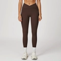 Dunkelbraune High-Waist Yoga-Leggings mit überkreuztem V-Bund und Seitentaschen - S / Kaffeebraun