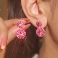 Sparkling pink rhinestone double ball drop earrings with full crystal pavé finish - Rose Red