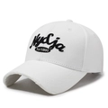 White baseball cap with black NycCia embroidery and distressed brim details - White