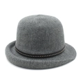 Elegant grey knit bowler hat for middle-aged women featuring a studded leather band decor - M(56-58cm) / Gray