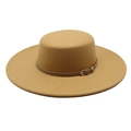 Classic khaki wool felt boater hat with wide flat brim and brown leather belt buckle - M(56-58cm) / Camel