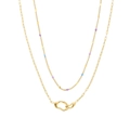 Double-layered golden necklace with geometric pendant and colorful purple and blue beads - Gold Purple