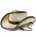 Cappello da cowboy in paglia sfumata con borchie e sottogola per la protezione solare - M (56-58cm) / Sfumato Beige Nero