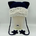 Navy blue knitted cat ear beanie with white faux fur trim and star pendant details - Black White Plush