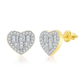Detailed macro view of heart earrings featuring baguette-cut diamonds and screw backs - Baguette Heart Two-tone