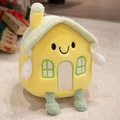 Lindo cojín de peluche con forma de casa amarilla con techo verde y cara sonriente - Casa amarilla pequeña