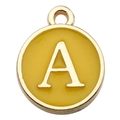 Golden round enamel letter A charm in mustard yellow for DIY jewelry making - Capital Letter A Style / 1 Piece (12x14mm) / Yellow