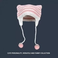Pink and white striped knit cat ear beanie featuring cute fuzzy pompoms and long ties - One Size / Strawberry Striped Hat Pink White