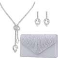 Set da sera con collana di strass, orecchini a goccia e borsa clutch in raso grigio - Bianco