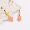Pink tulip drop earrings in gold finish with enamel flower charms and lever-back hoops - Earrings