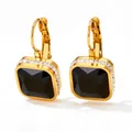 French vintage gold square earrings featuring black gemstone and white zircon accents - Gold Black (KDE958)
