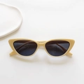 Close-up van een retro cat-eye zonnebril met crème montuur en donkergrijze glazen - Beige