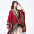 Ethnic red and brown paisley pattern cashmere-like shawl with elegant fringe detail - Wine Red/Border Paisley
