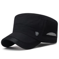 Quick-dry black flat top military cap with breathable mesh panels and fashion badge - Adjustable / Black