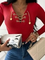 Elegant red V-neck rib-knit long sleeve shirt with gold chain lace-up heart detail - S / Red
