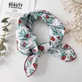 Red berry print cotton linen square scarf with red edge stitching for hair or neck - XY-47 White Red Berry Green Leaf