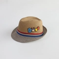 Kids light brown straw sun hat with tri-color band and cute cartoon bite patch - 52cm (2-7 Years) / Khaki