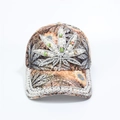 Detail of baseball cap featuring rhinestone cannabis leaf and pearl-encrusted brim decor - Adjustable / Brown Leaf