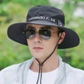 Men's dark grey wide-brim sun hat with breathable mesh and adjustable windproof strap - Black F-14