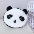 Close-up of a panda-shaped plush coin purse with embroidery and metal keychain - Panda