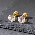 Macro shot of 6mm round zircon stud earrings with gold plating and screw backs - 6mm / Gold