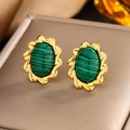 Vintage 18K gold-plated twisted edge earrings with green faux malachite stone inlay - Gold Turquoise E-239