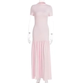 Detail of light pink slim fit maxi dress with short sleeves and ruffled hem design - S / Pink