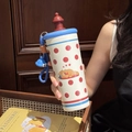 Cute cream stainless steel insulated bottle with red dots and brown bear illustration - 700ml / Blue