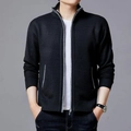 Classic black men's knit cardigan jacket with stylish gray zipper contrast and stand collar - 4XL / Black