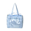 Light blue metallic ita bag tote with ruffled edges and ribbon bow accents - Blue