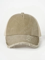 Detailed close-up of khaki washed mesh trucker hat with vintage frayed edges and breathable net - Adjustable / Khaki