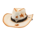 Straw western cowboy hat with star patterns and silver bull skull ornament on white background - One Size (Gradient Star) / White with Wind Rope (Colorful Bull)