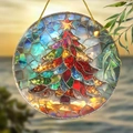 Christmas round acrylic ornament with colorful stained glass tree and star design - 15x15cm / Geometric Patchwork Tree