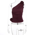 Detail view of burgundy one-shoulder top with 3D floral accents and ruched fabric - S / Burgundy