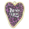 Pendentif cœur léopard violet avec bord doré et texte Love You pour bijoux diy - 31x24mm / Cœur Léopard Violet